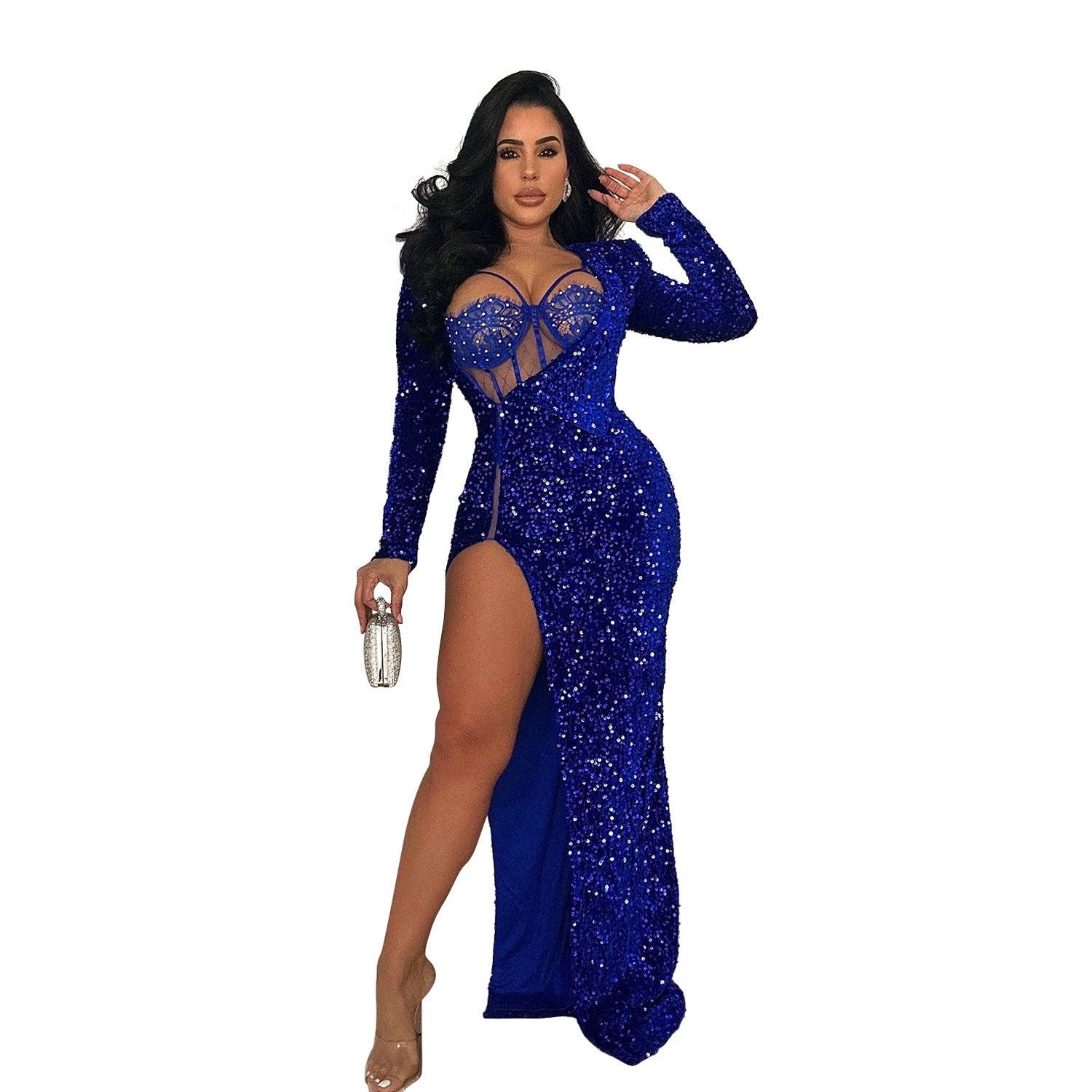 Women Wear Solid Color Sequ Sexy Slit Maxi Dress Blue