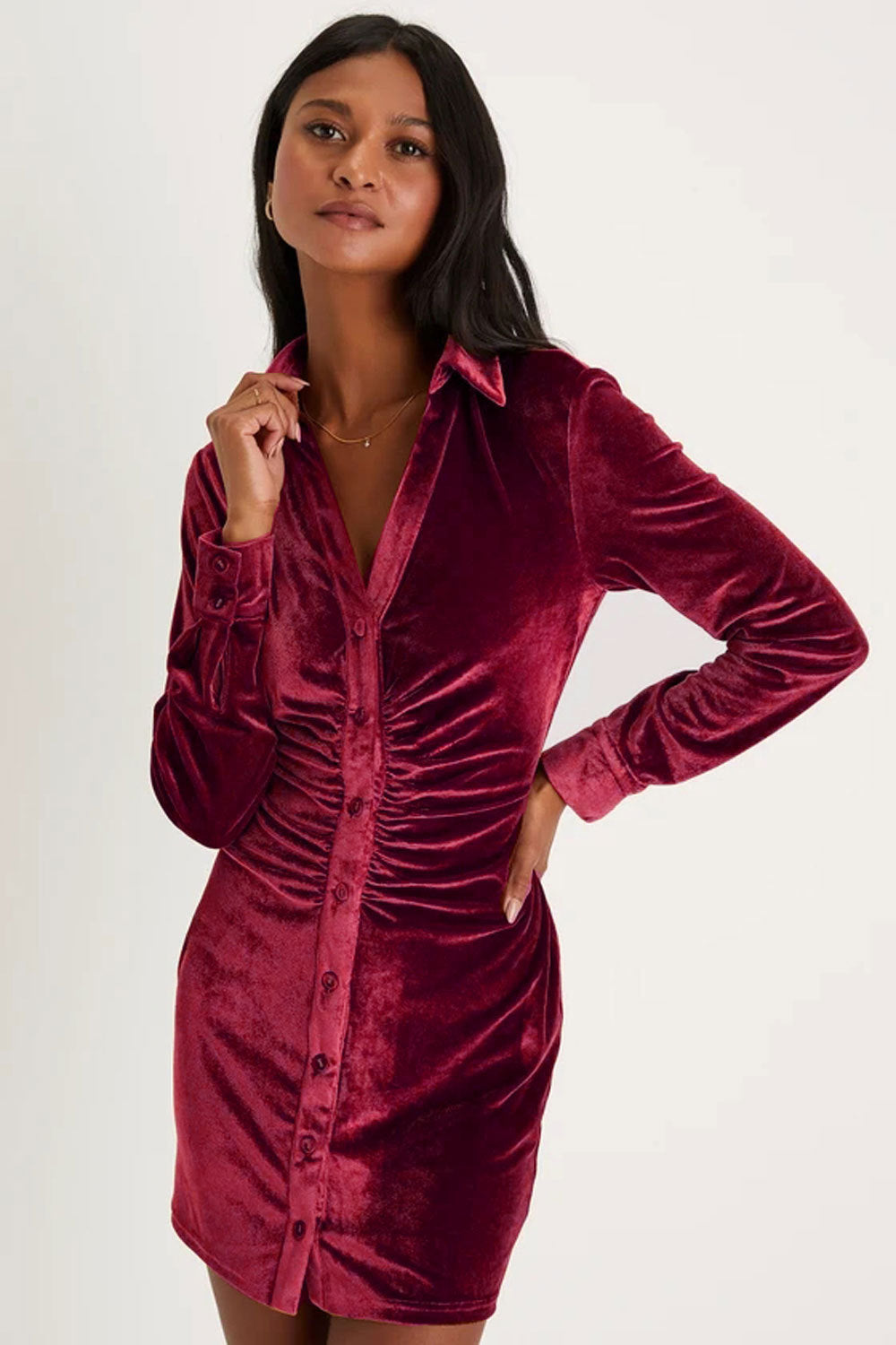 Women Clothing Velvet Shirt Women Long Sleeved Single Breasted Small Pleated Waist Tight Shirt Sheath Dress Burgundy