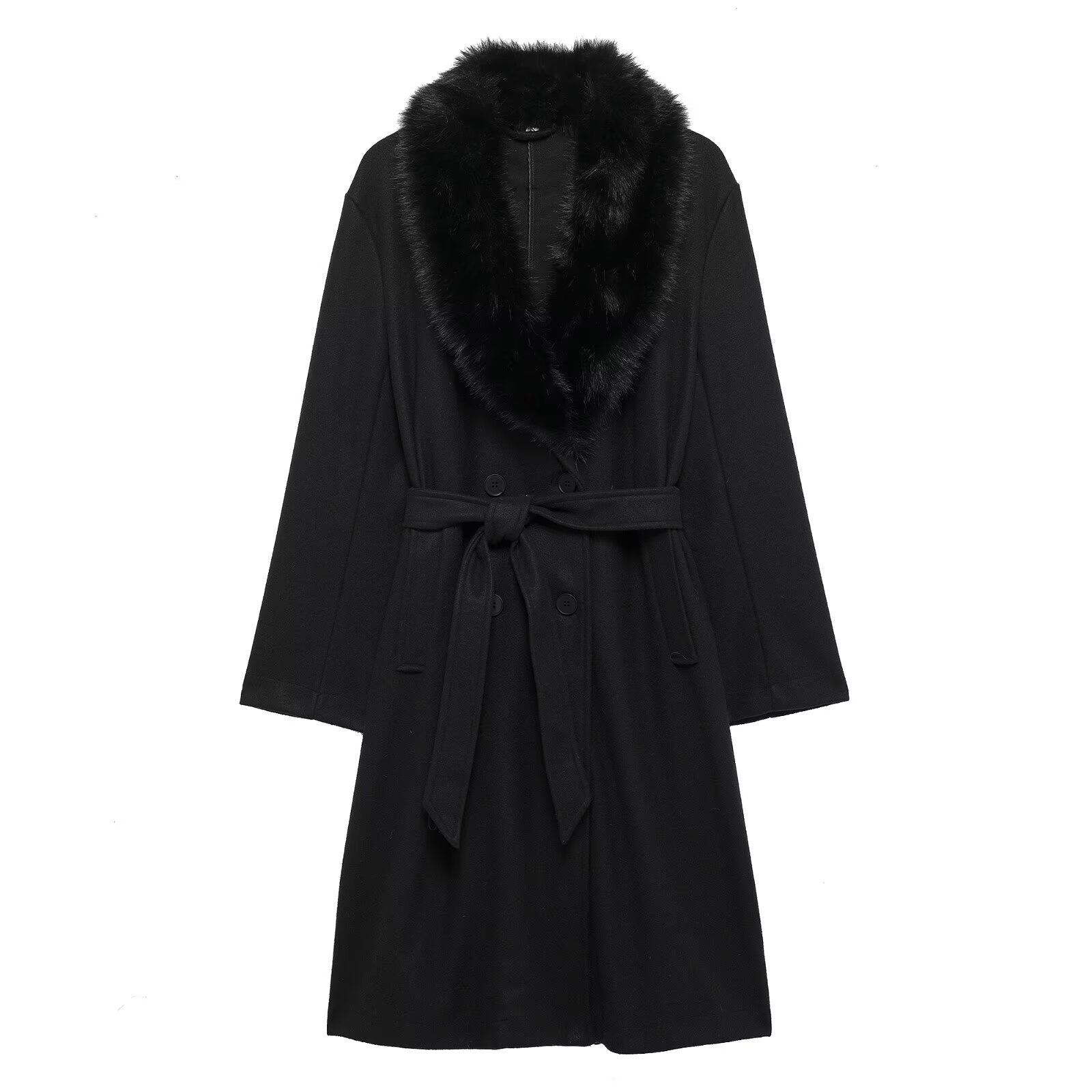 Women Clothing Artificial Fur with Belt Collared Coat Jacket Black