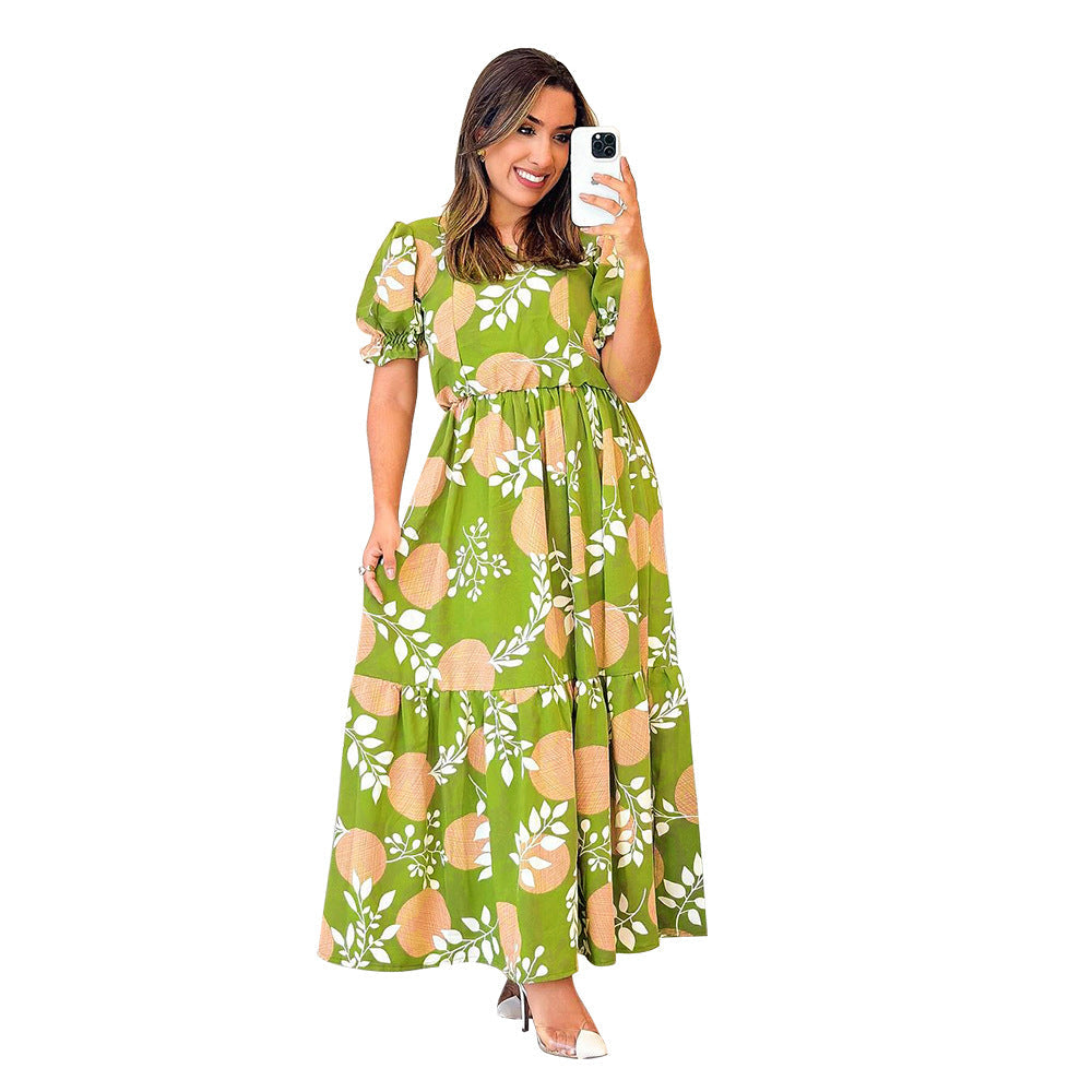 Women Clothing Dress Fresh Printed Square Collar Puff Sleeve Patchwork Ruffled Maxi Dress Green