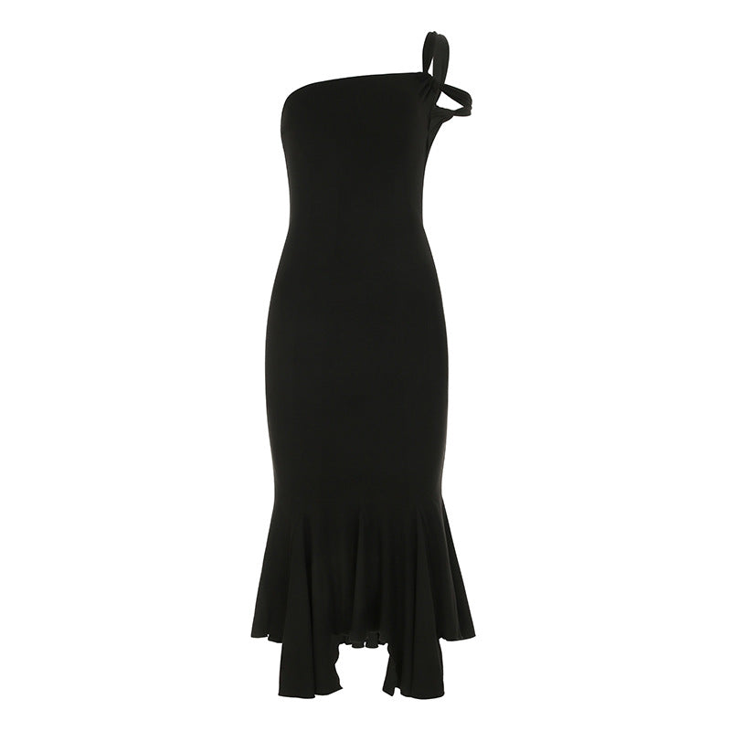 Women Sexy Ladies Dress Solid Color Basic One Shoulder Cut out Ruffled Irregular Asymmetric Tube Top Dress Black