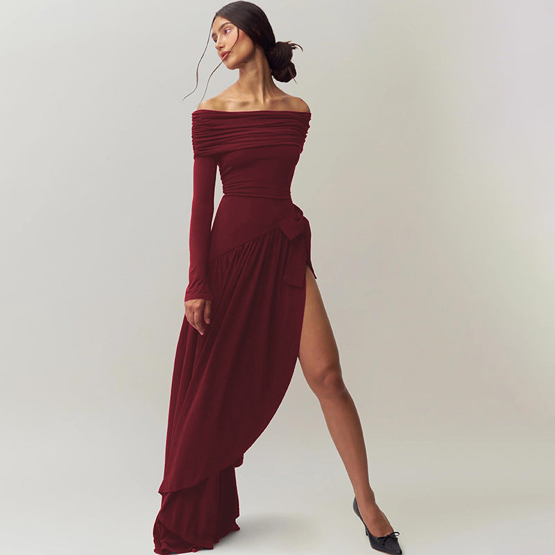 Women Clothing Autumn Winter Sexy off Shoulder Hollow Out Cutout Solid Color Bow Long Sleeve Split Dress Women Burgundy