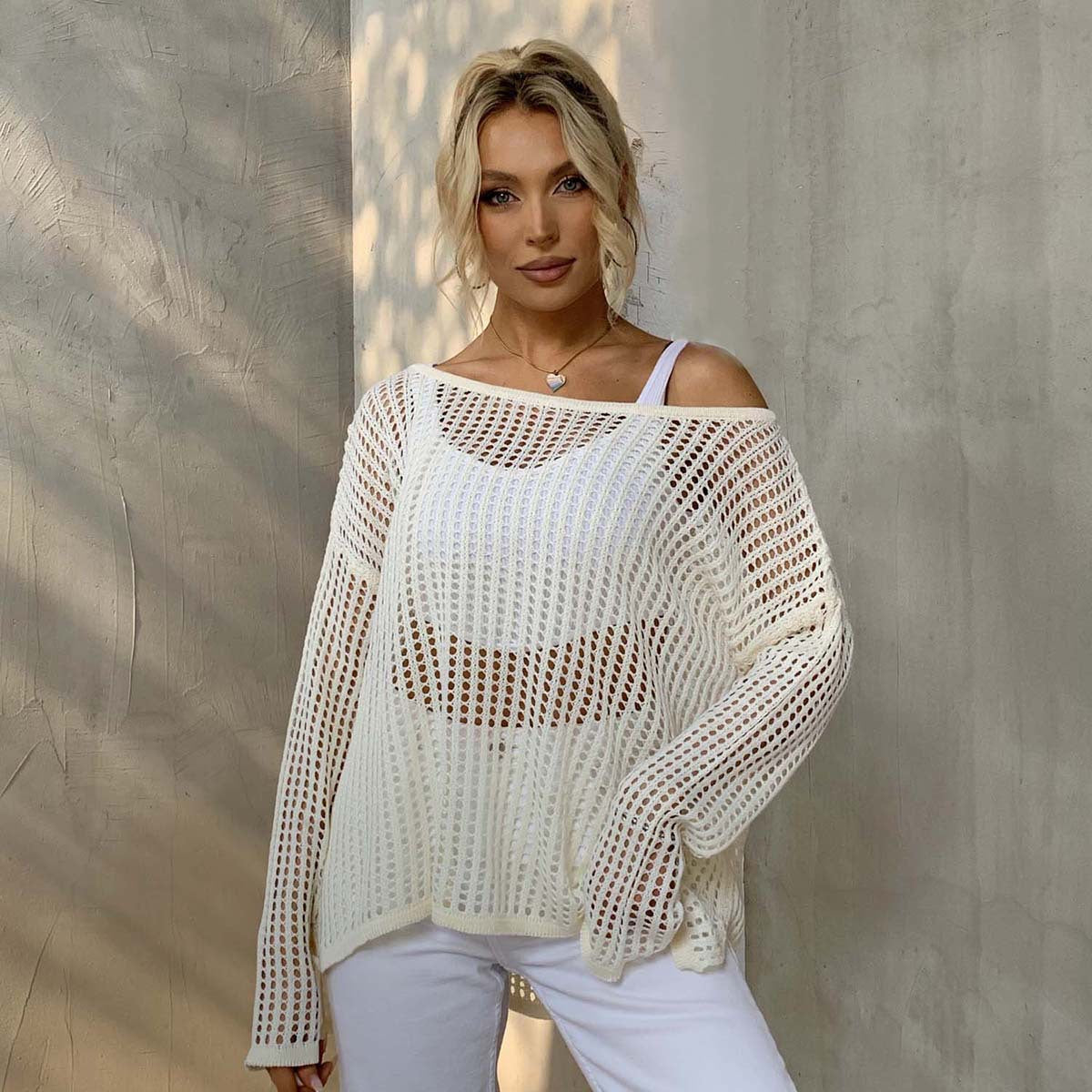 Women Clothing Hollow Out Cutout Knitted Pullover Smock Top Lazy Sweater Women