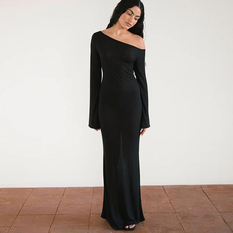 Women Clothing Autumn Elegant Oblique Shoulder Long Sleeve Dress Women Solid Color Sexy Formal Dress