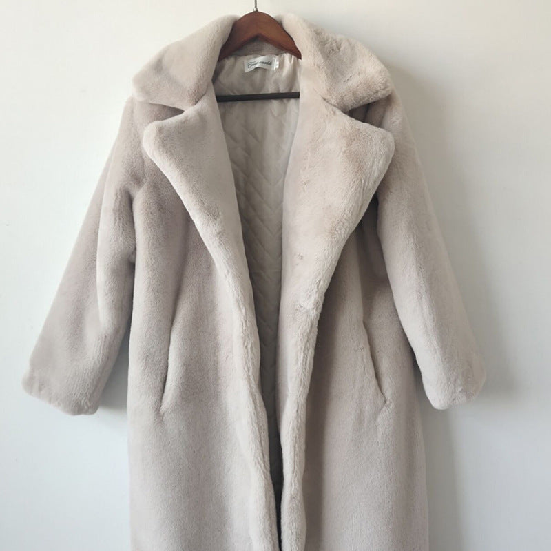 Winter Faux Rabbit Fur Coat Women Lengthened Knee Length Faux Fur Coat Thickened Warm Plush Coat Apricot