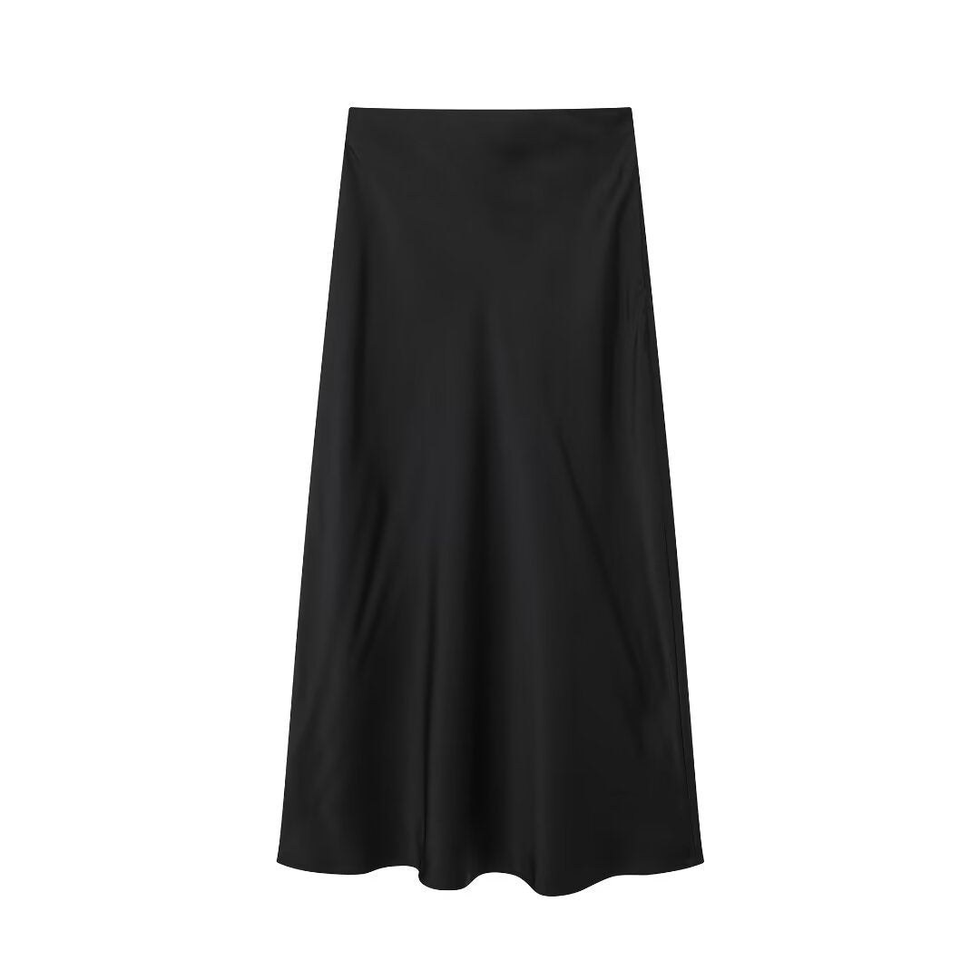 Women Clothing Simple Two Piece Sets Silk Satin Texture Long Sleeve Shirt Drape Skirt Black overskirt