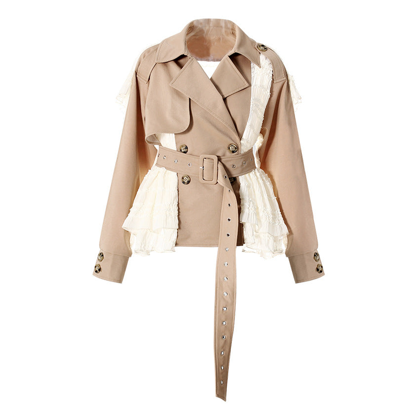 Spring Niche Lace Stitching Advanced Waist Trimming Coat Slimming Short Trench Coat Women Khaki