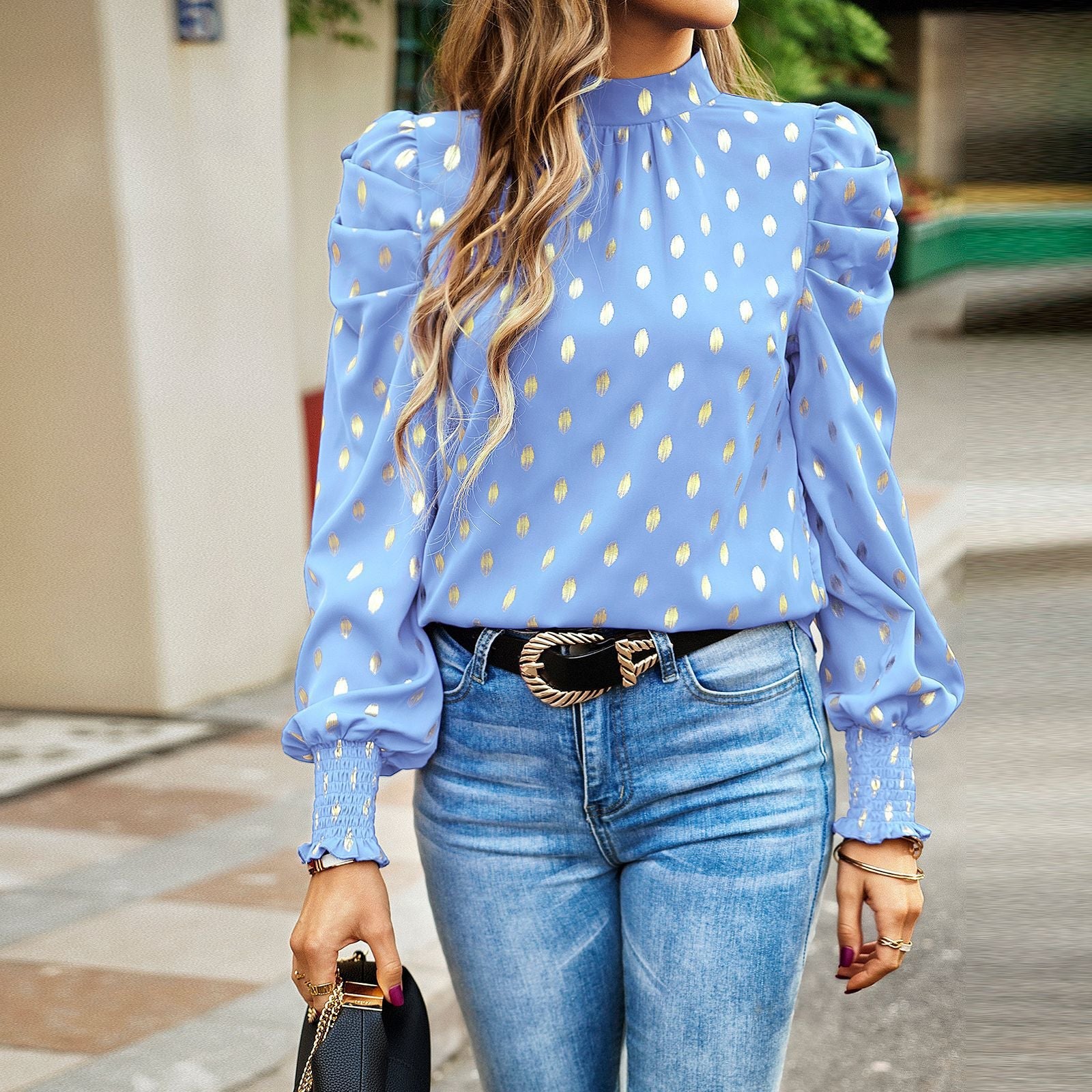 Women Clothing Autumn Winter Office round Neck Long Sleeve Shirt Blue