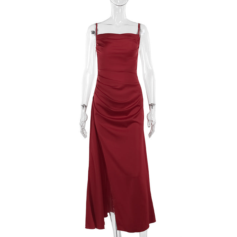 Summer Sexy Slim Satin Pockets Collar Slit Formal Dress Dress Women Burgundy