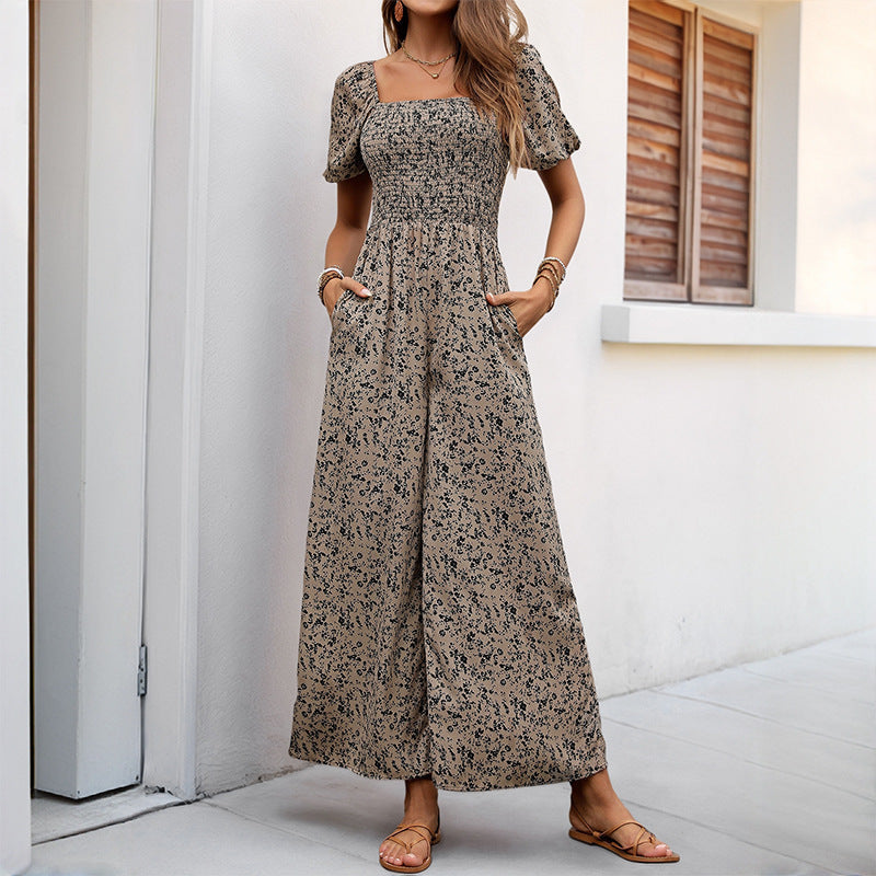 Women Summer Jumpsuit Square Collar Puff Sleeve Wide Leg Pants Printed Jumpsuit Apricot