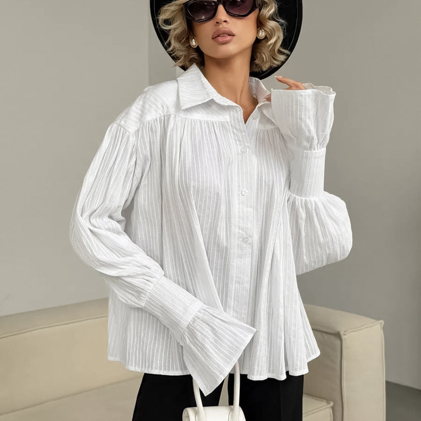 Autumn Office Cotton Jacquard White Casual Loose Lapels Long Sleeve Women Shirt Classic Top White