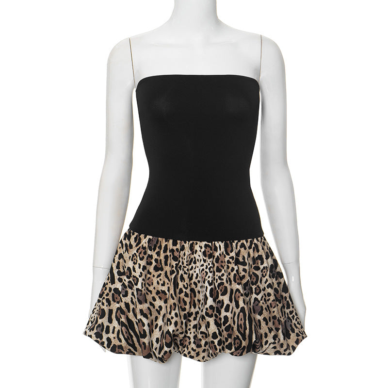 Women Clothing Summer Bandeau Slim Fit High Waist Stitching Dress Leopard