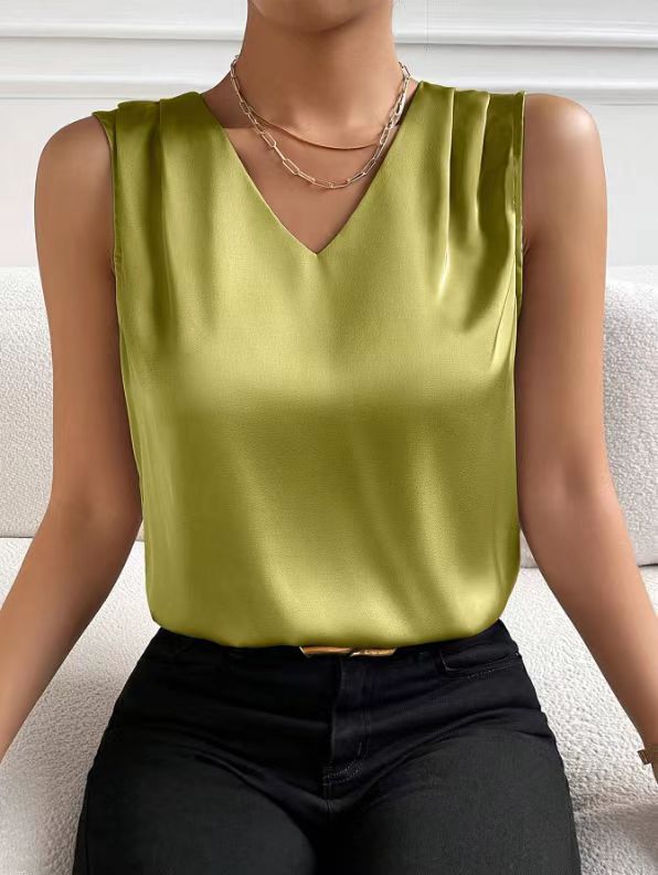 Women Satin Tank Top Office Vest Bottoming Top Green