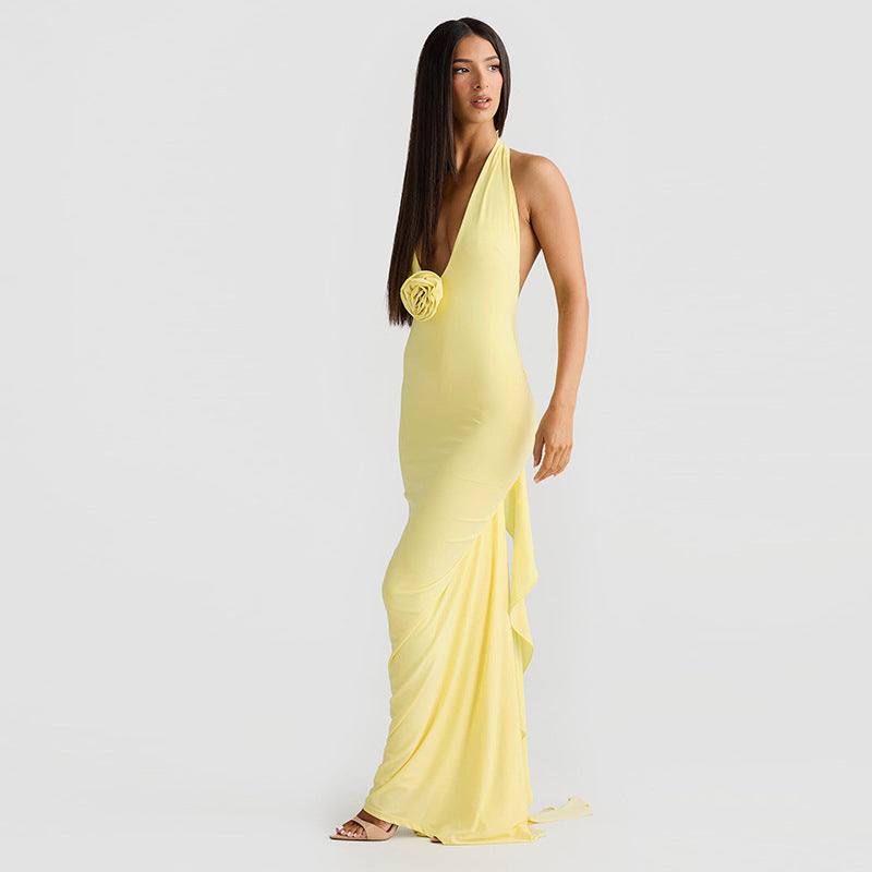 Summer Women Clothing French Sexy Big Backless Maxi Dress Sexy Slim Halter Dress L Yellow