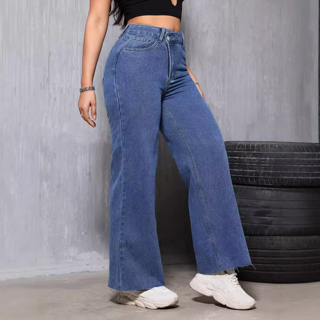 Women Clothing Retro Blue Worn Jeans Women Summer Straight Loose Thin High Waist Drooping Casual Denim Trousers