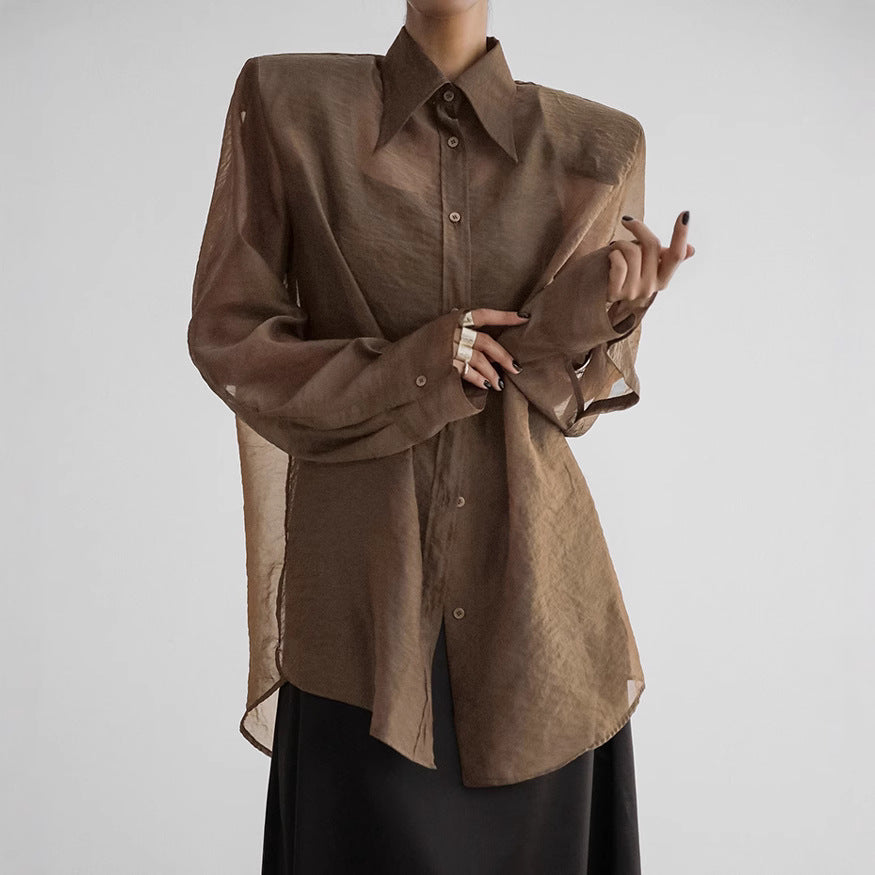 Spring Summer Elegance Retro See through Mesh Loose Long Sleeved Shirt Cardigan Women Brown