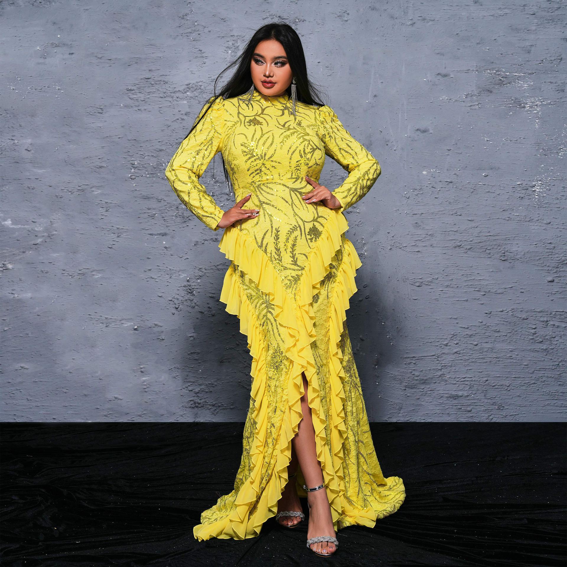 Women Long Long Sleeve round Neck Cocktail Sequined Fishtail Evening Dress Dress Yellow