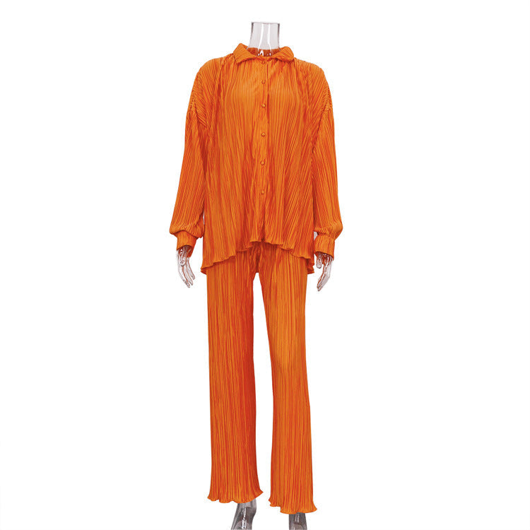 Women Clothing Long Sleeve Loose Fitting Pleated Wide Leg Pants Two Piece Set Autumn Sexy Retro Design Casual Suit L Orange