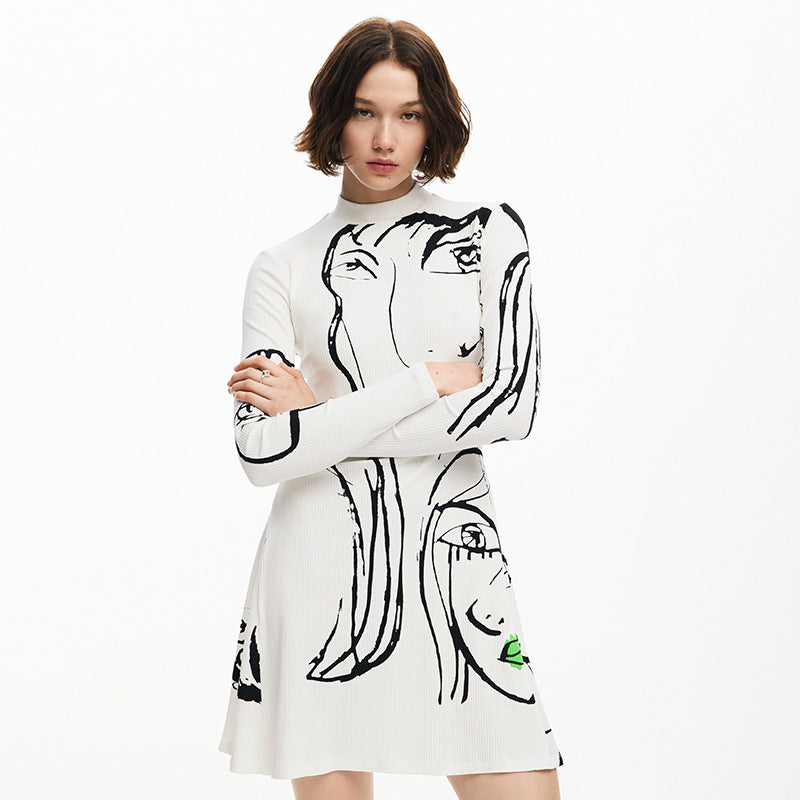 Women Clothing Positioning Portrait Line Printing Casual Long Sleeve Dress