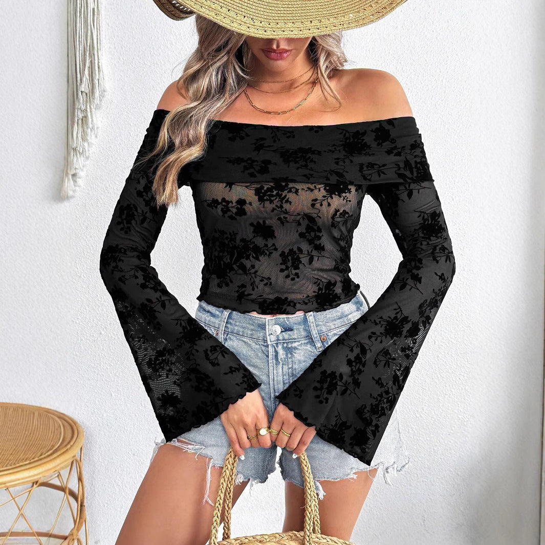 Women Knitted Mesh Flocking Floral Print off the Shoulder Flared Sleeves Slim T shirt Top Women