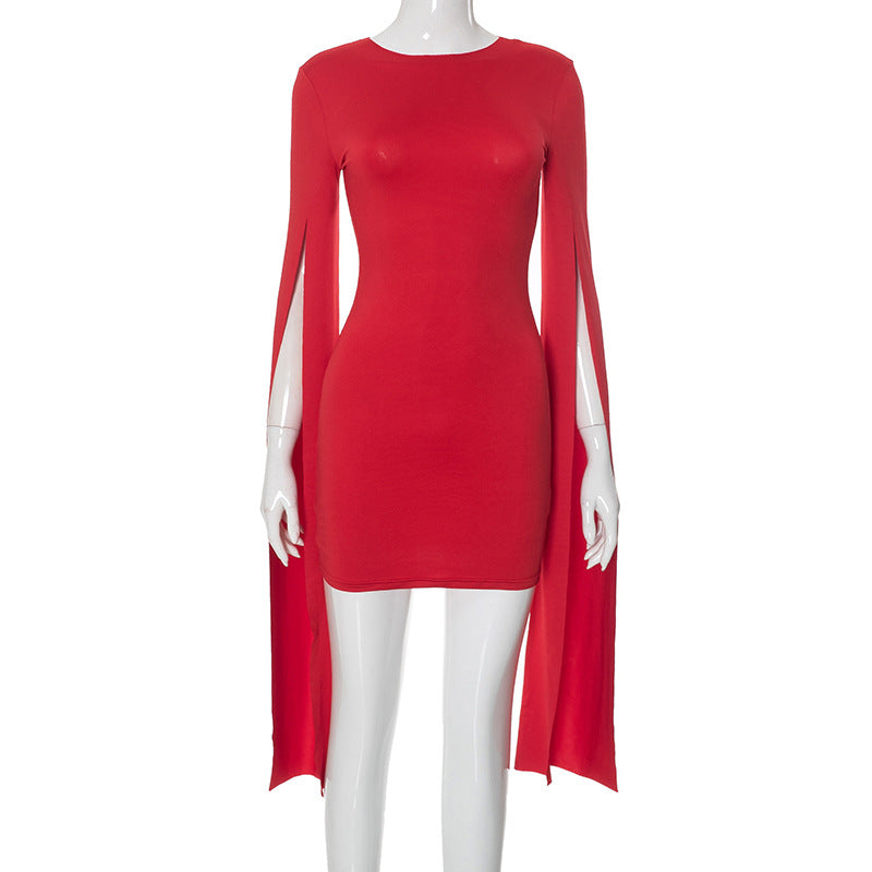 Women' Clothing Solid Color Super Long Sleeve Split Slim Fit Sheath Sexy Short Red