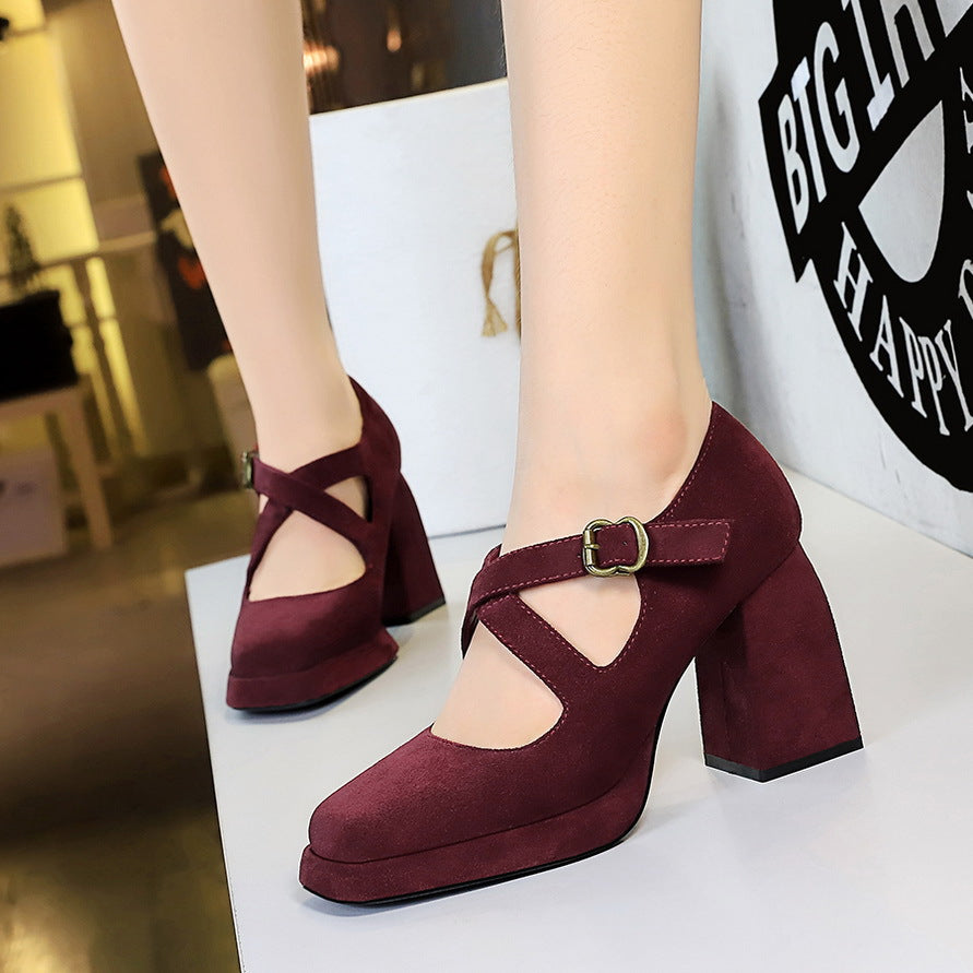 Women Shoes High Heel Chunky Heel Waterproof Platform Low Cut Square Toe Belt Buckle Suede Cross Strap Pumps Women