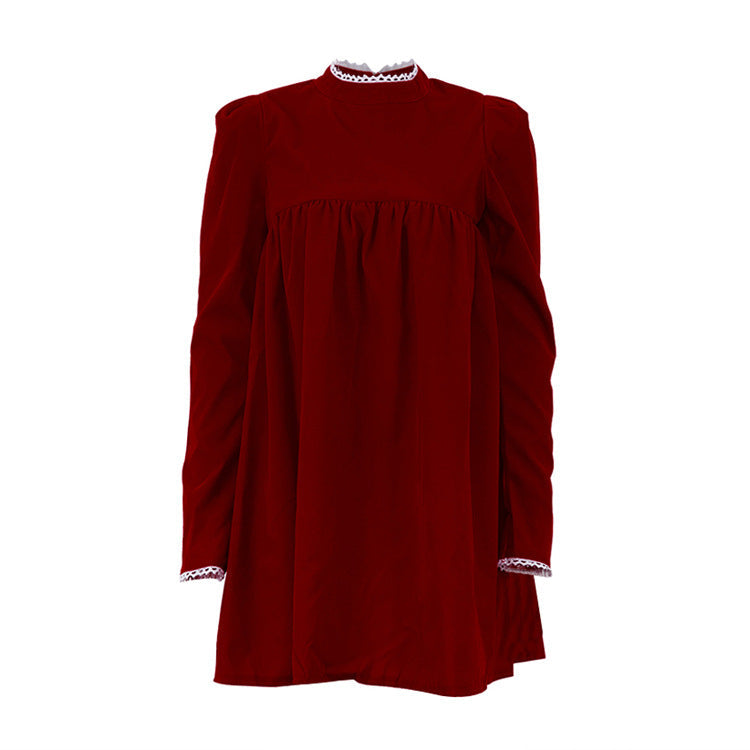 Women Spring Velvet Turtleneck Long Sleeve Girl Dress Pleated Casual Dress Red