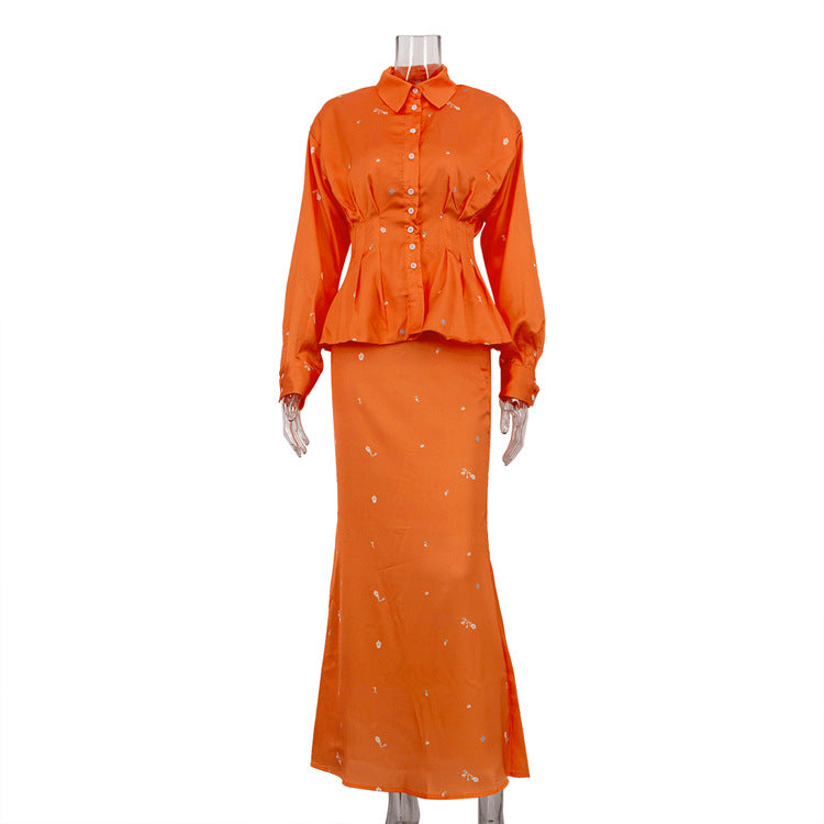 Women Clothing Lightly Mature Long Sleeve Shirt Fishtail Skirt Set Autumn Skirt Two Piece Set Orange