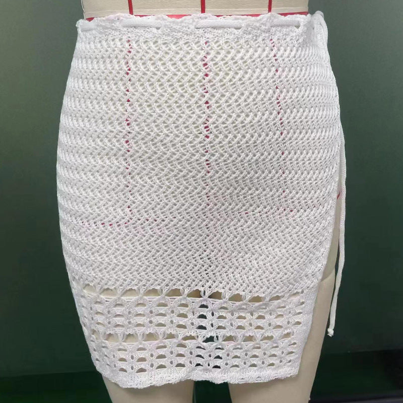 Summer Skirt Solid Color Sexy Knitted Hollow Out Cutout Beach Bikini Swimsuit Outwear Skirt Crochet hook One Size White