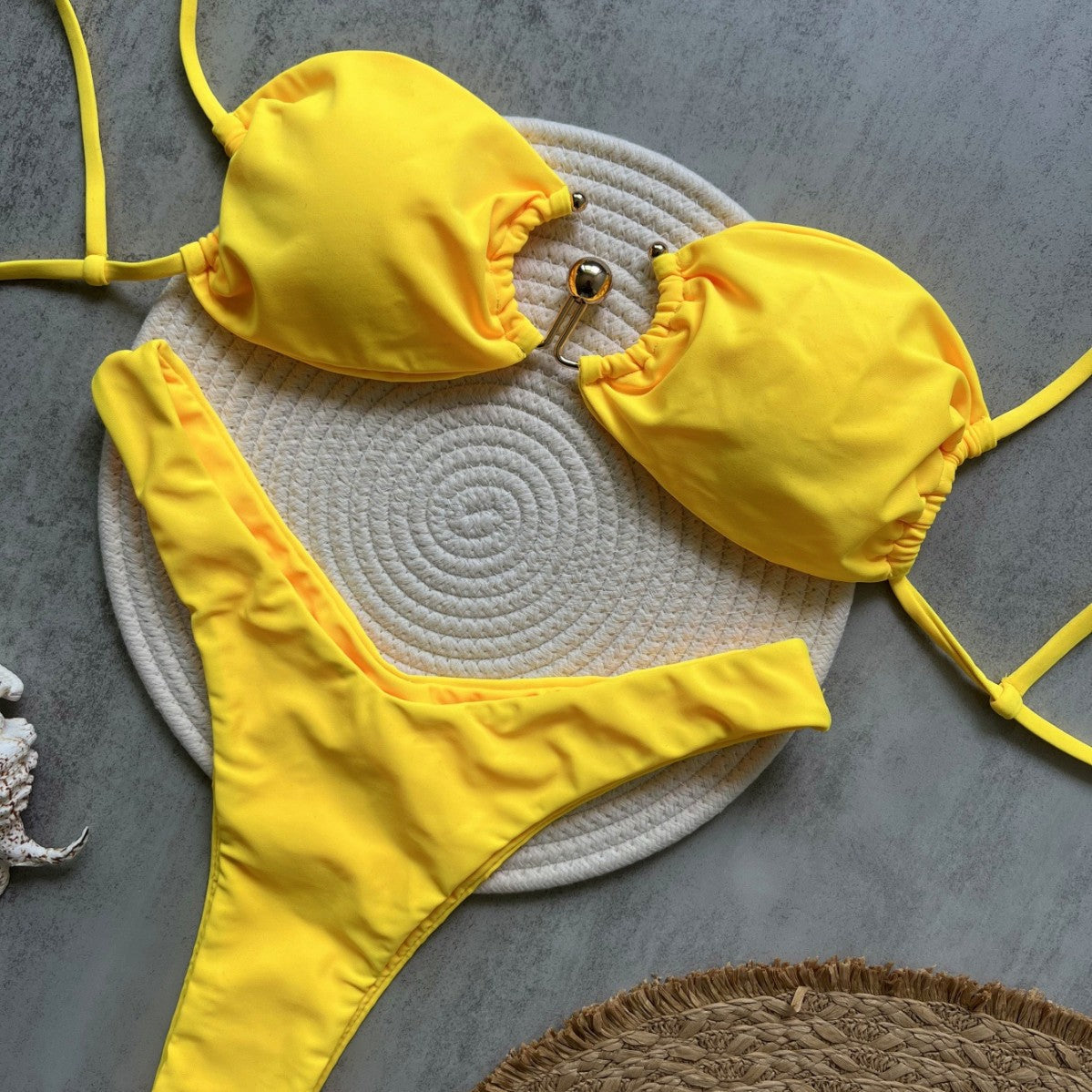 Yellow Metal Accessories Solid Color Bikini Sexy Backless Split Swimsuit Nylon Bikini