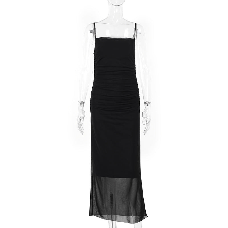 Summer Type Hip Elegant Sexy Straps Tulle Slim Fit Dress Women Black