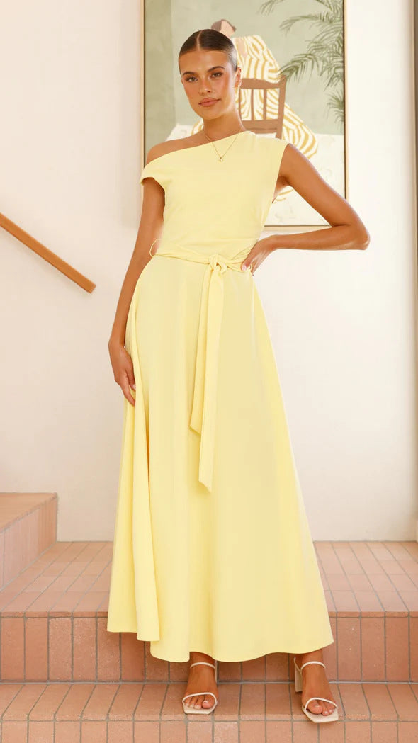 Women Summer Office Solid Color Sexy Lacing Dress Pale Yellow