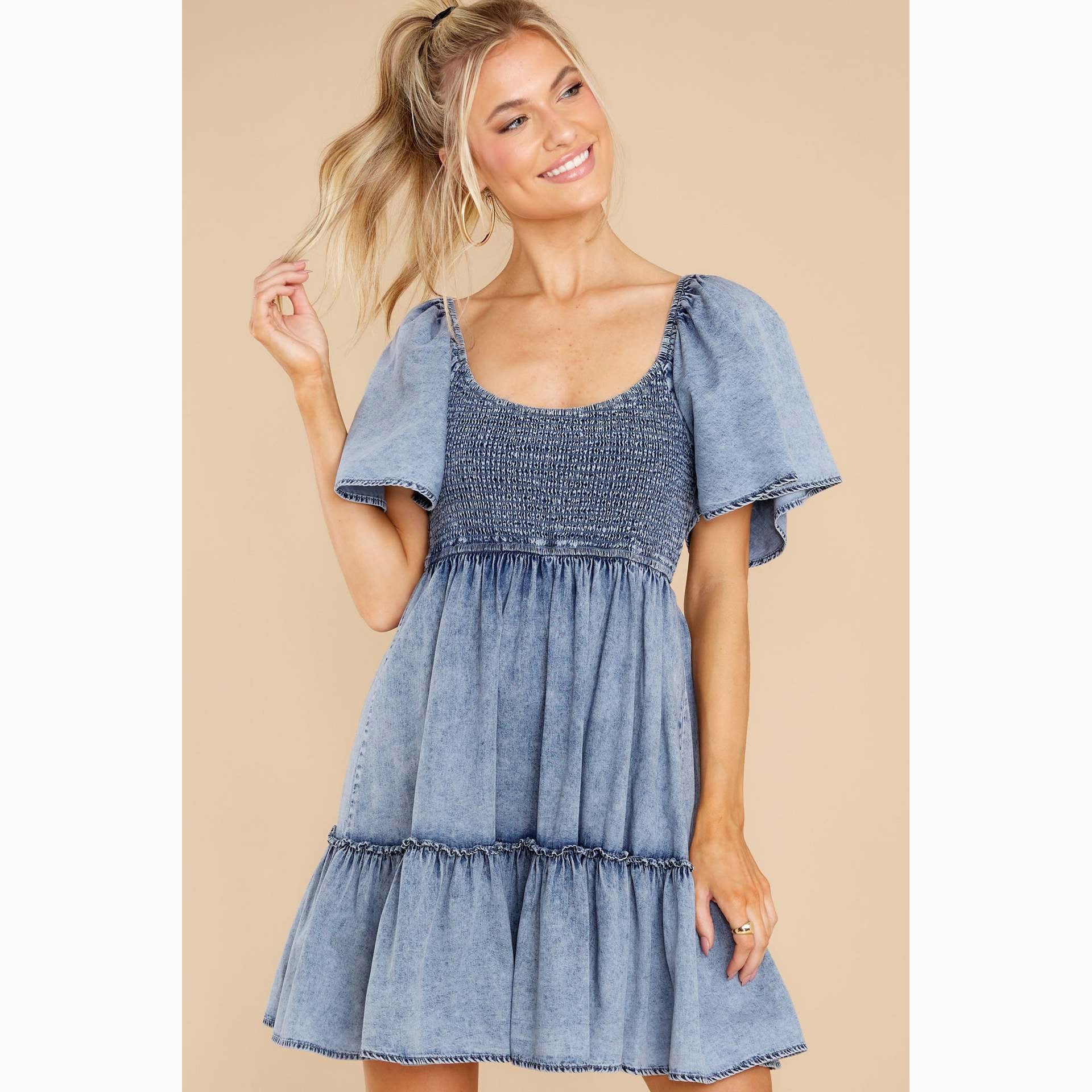 Spring Summer Close-Fitting Sexy Fresh Sweet Babydoll Denim Dress Smocked Blue