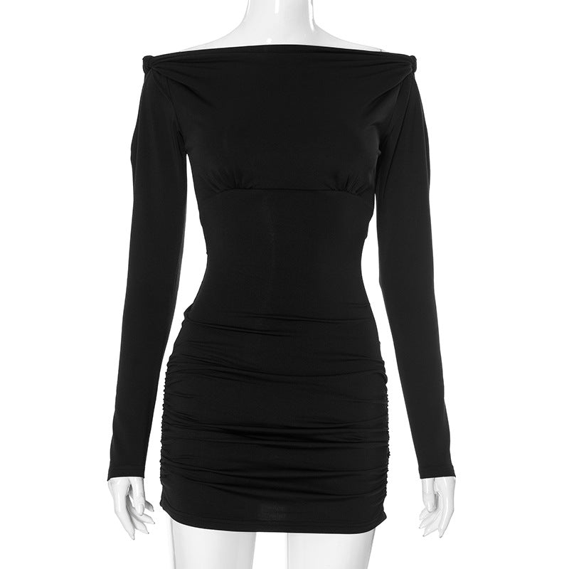 Women Clothing off Neck Hollow Out Cutout out Long Sleeve Design Waist Tight Hip Wrapped Short Black