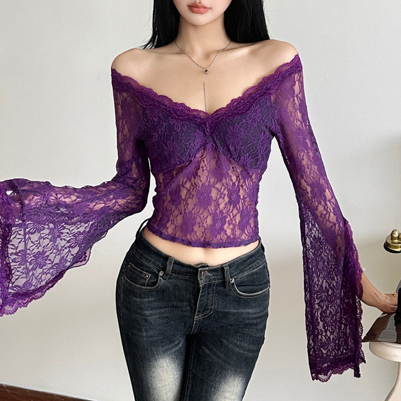 Winter Women lothing Sexy V neck Lace See through Hollow Out Cutout out Long Sleeves Cropped Top for Women