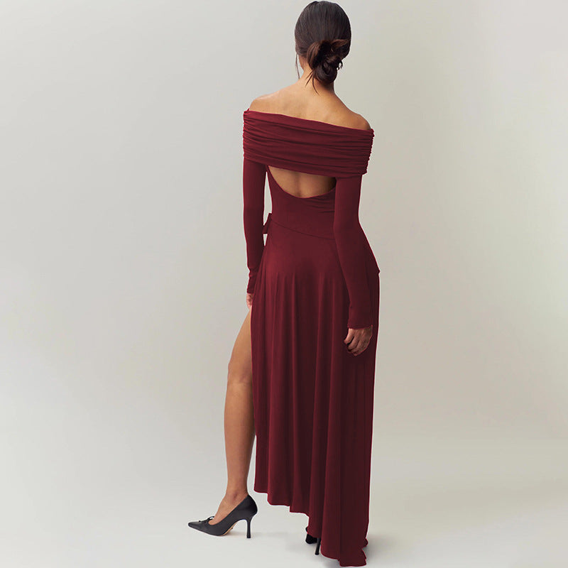 Women Clothing Autumn Winter Sexy off Shoulder Hollow Out Cutout Solid Color Bow Long Sleeve Split Dress Women