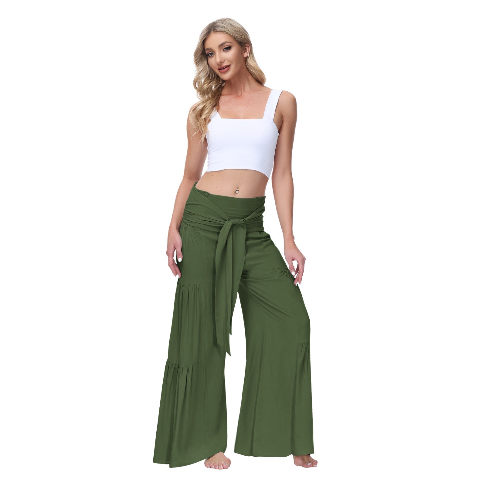 Women Clothing Bandage Elastic Waist Pleated Wide Leg Pants Casual Loose Trousers Army Green