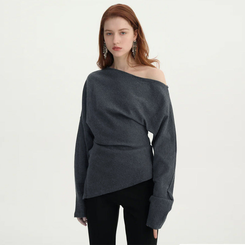 Autumn Casual Solid Color All Matching Knitted Long Sleeve Shoulder Lazy Top Women