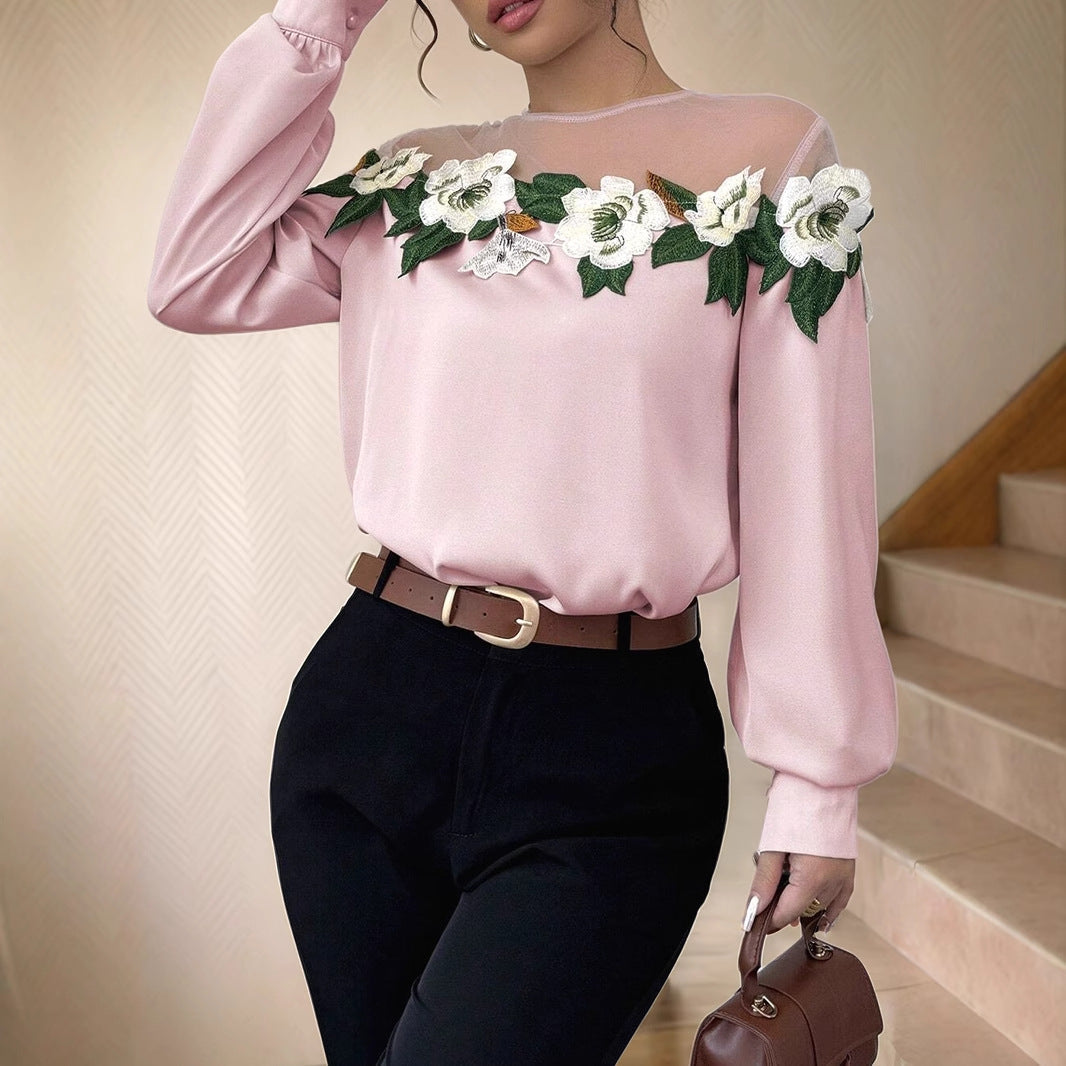 T shirt Mesh Stitching Floral Shirt Top Pink