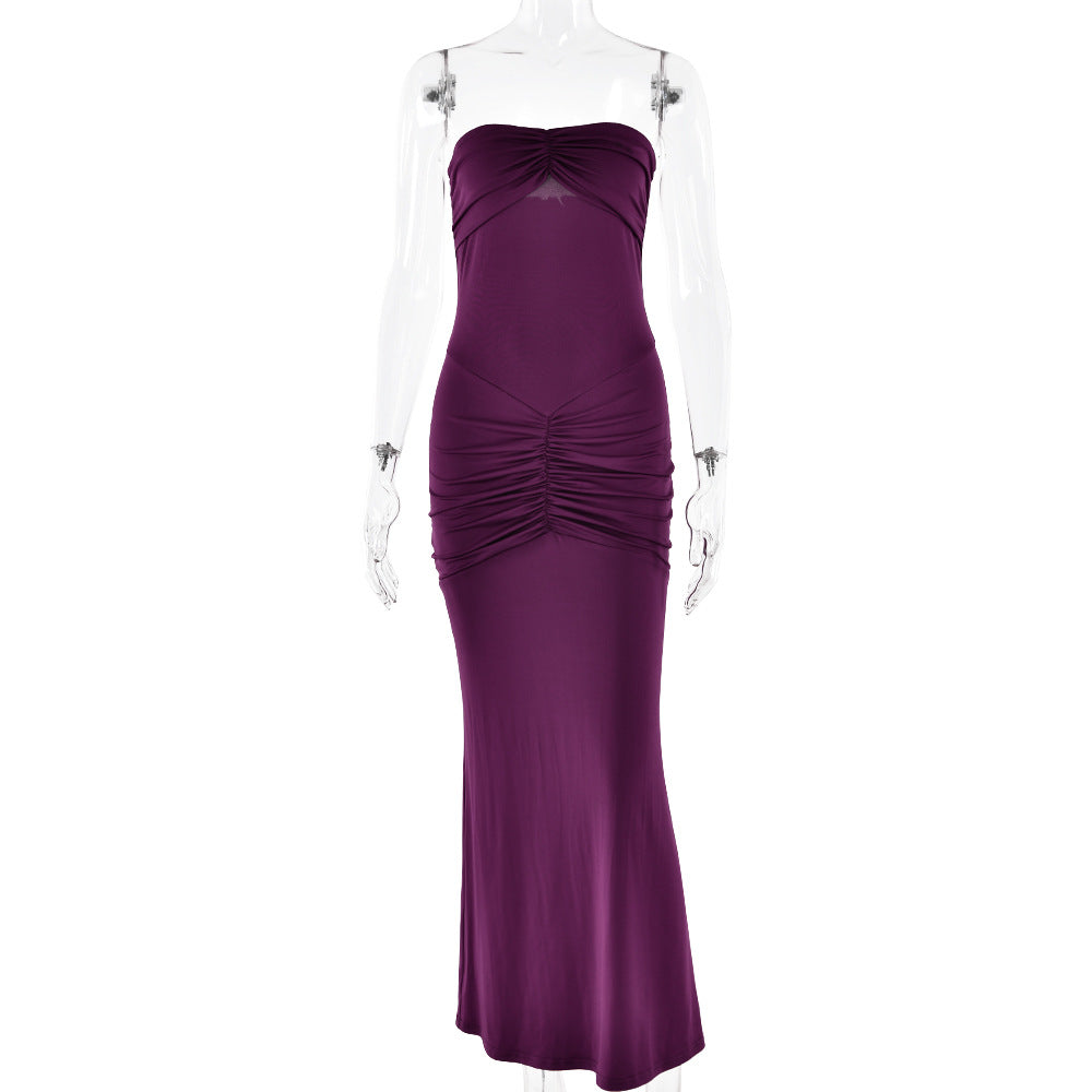 Women Sexy Tight Tube Top Backless Pleated Solid Color Dress Evening Dress Purple