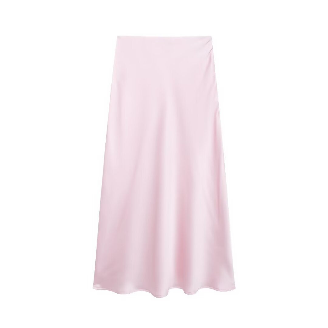 Women Clothing Simple Two Piece Sets Silk Satin Texture Long Sleeve Shirt Drape Skirt Pink Skirt