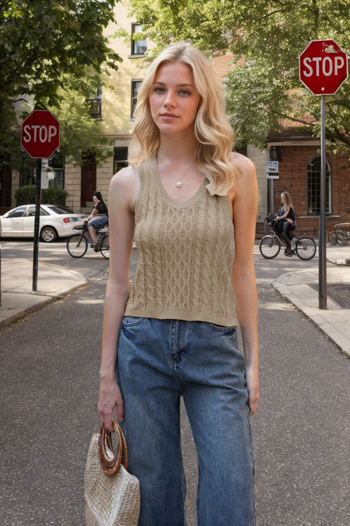 Summer Women Clothing Casual Knitted V neck Solid Color Small Tank Top Brown