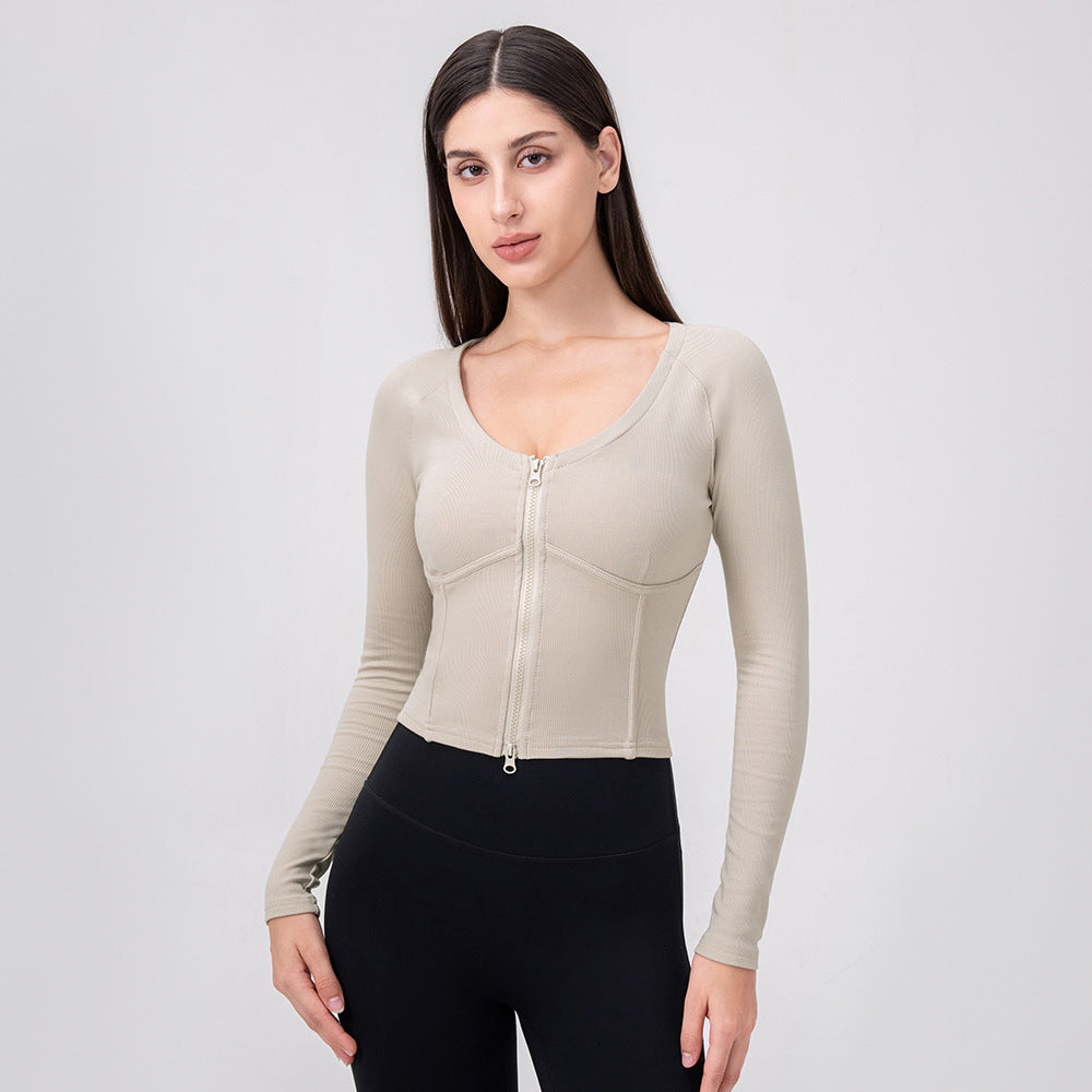 Women Autumn Winter Zipper Sports Top Boning Corset Slim Fit Thin Yoga Wear Sexy U Lead Step Workout Long Sleeve Khaki