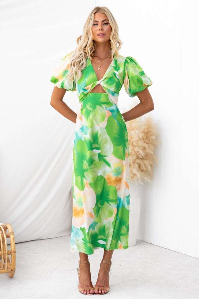 Year Bubble Sleeve Maxi Dress Sexy Print V neck Hollow Out Cutout Women Clothing Yellow-Green Dress