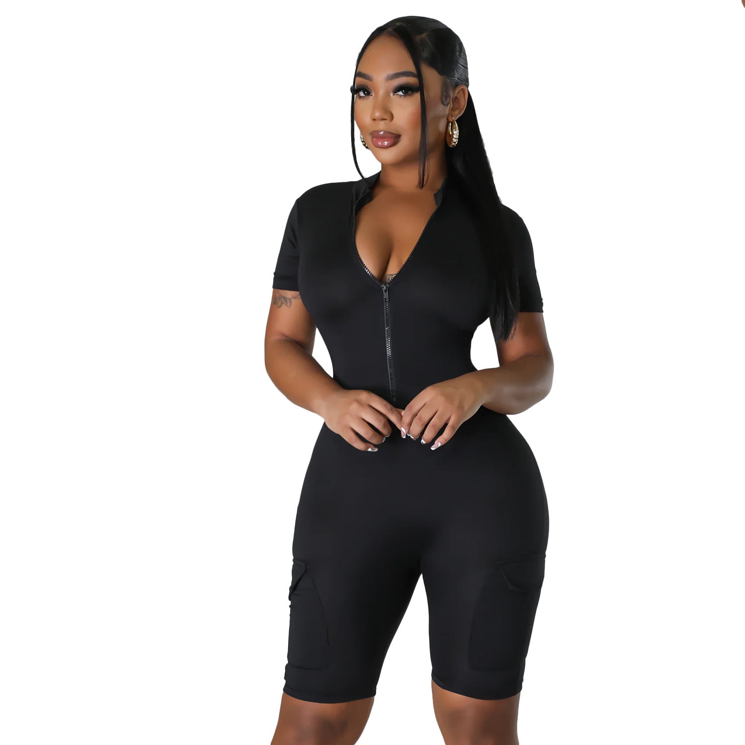 Summer Women Clothing Sexy Tight Short Sleeve Solid Color Jumpsuit for Women Black