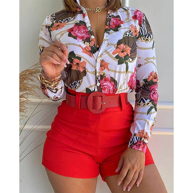 Women's Clothing Two Piece Sets Arrival Young Digital Printing Stand Collar Long Sleeve Shirt Women Tops Red flower top