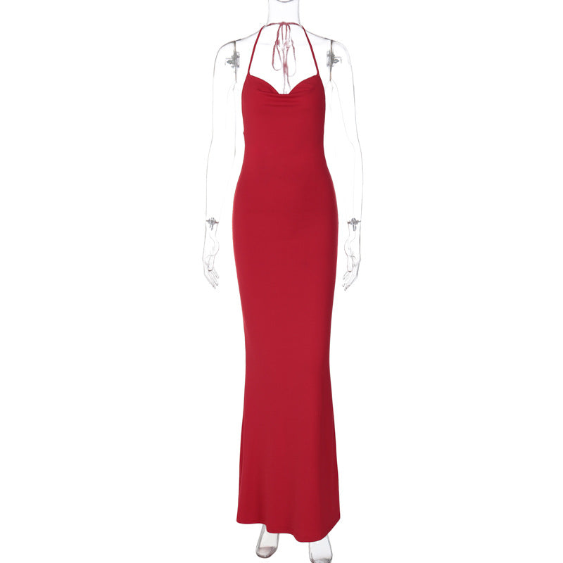 Women Clothing Spring Solid Color Sheath Sexy Cutout Backless Halter Maxi Dress for Women Red