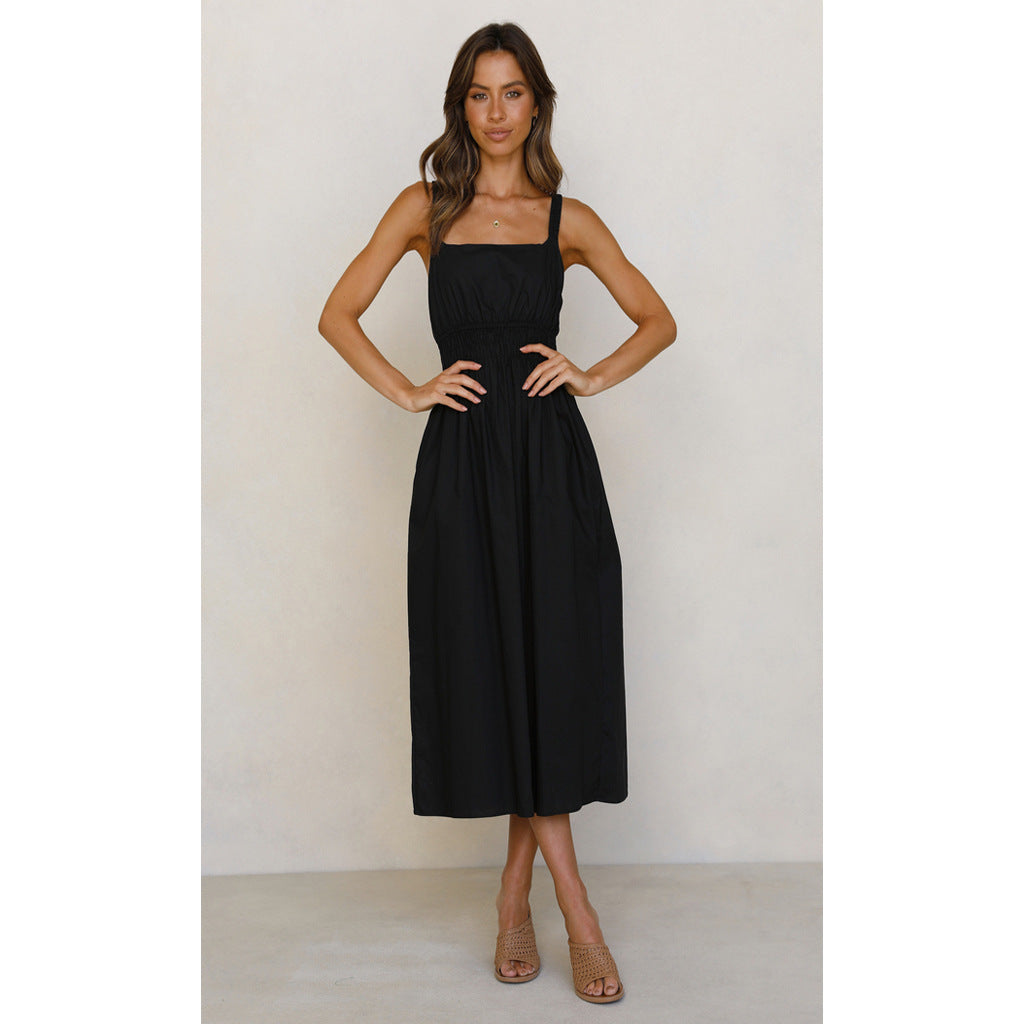 Spring Summer Backless Casual Waist Tight Mid Waist Solid Color Mid-Length Dress Black