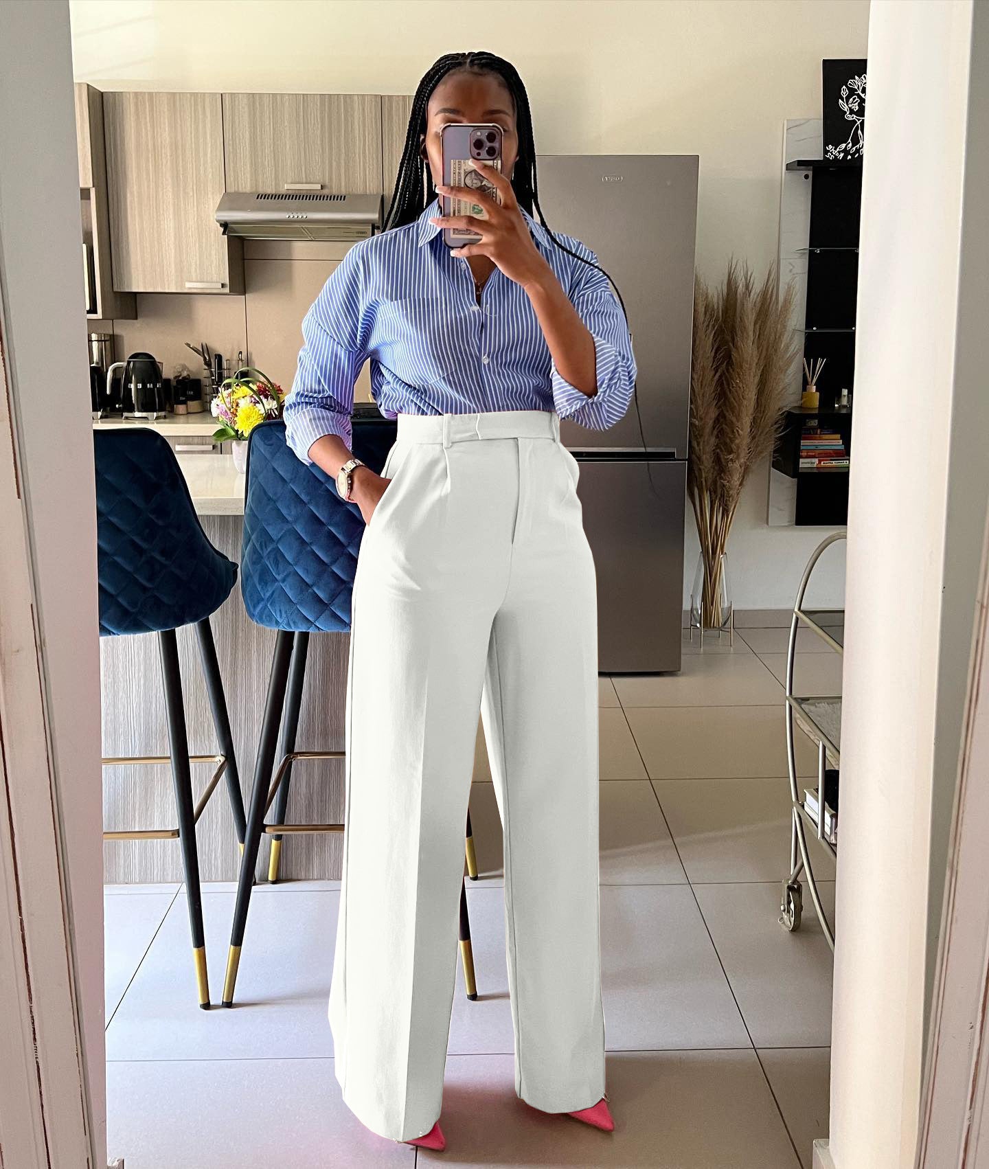 Women Clothing High Waist Straight Wide Leg Casual Trousers Spring, Autumn Winter Ivory