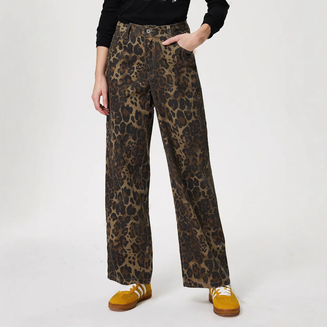 Women Clothing Vintage Leopard Print Straight Leg Denim Trousers